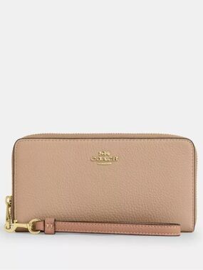 COACH Long Zip Around Wallet With Wristlet Strap Light Taupe Leather BRAND NEW